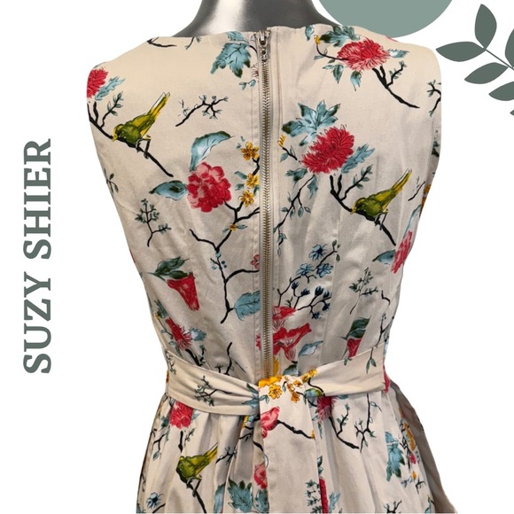 🛍️3/$40 Suzy Shier Sleeveless Floral Dress w Tie Waist Fitted Cream Print Small - Picture 5 of 8